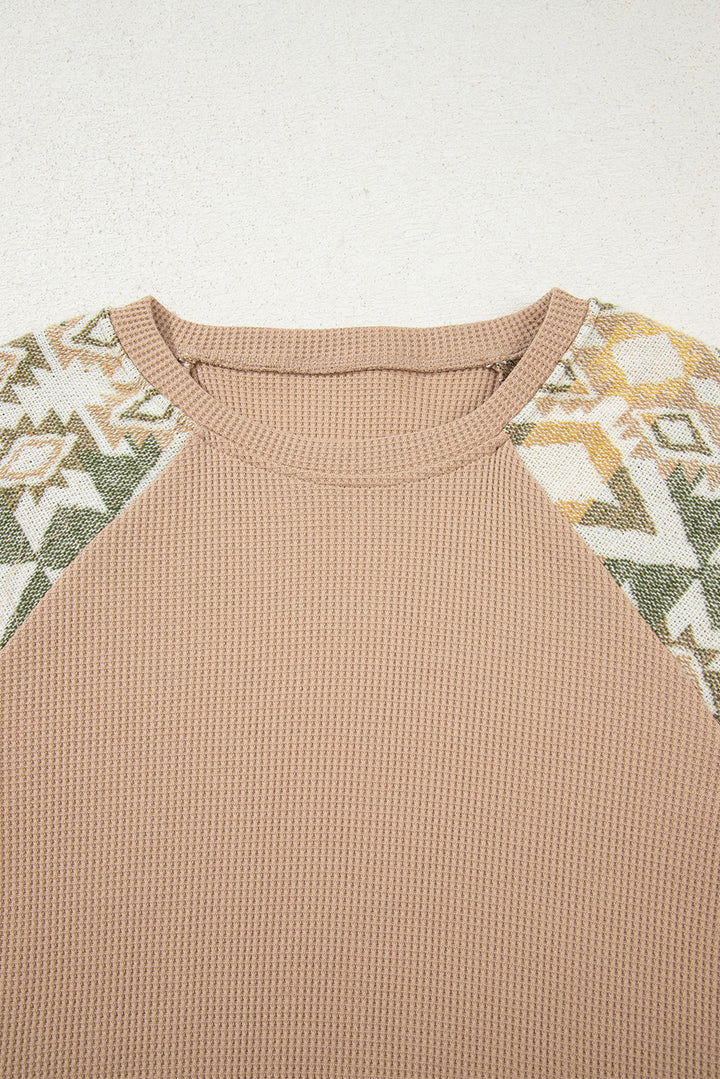 Smoke Gray Waffle Aztec Patchwork Raglan Sleeve Knit Top