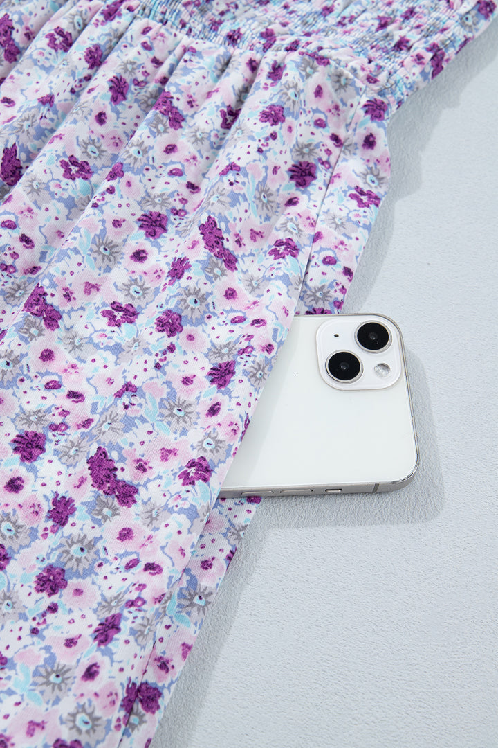 Purple Plus Size Floral Print Square Neck Smocked Maxi Dress