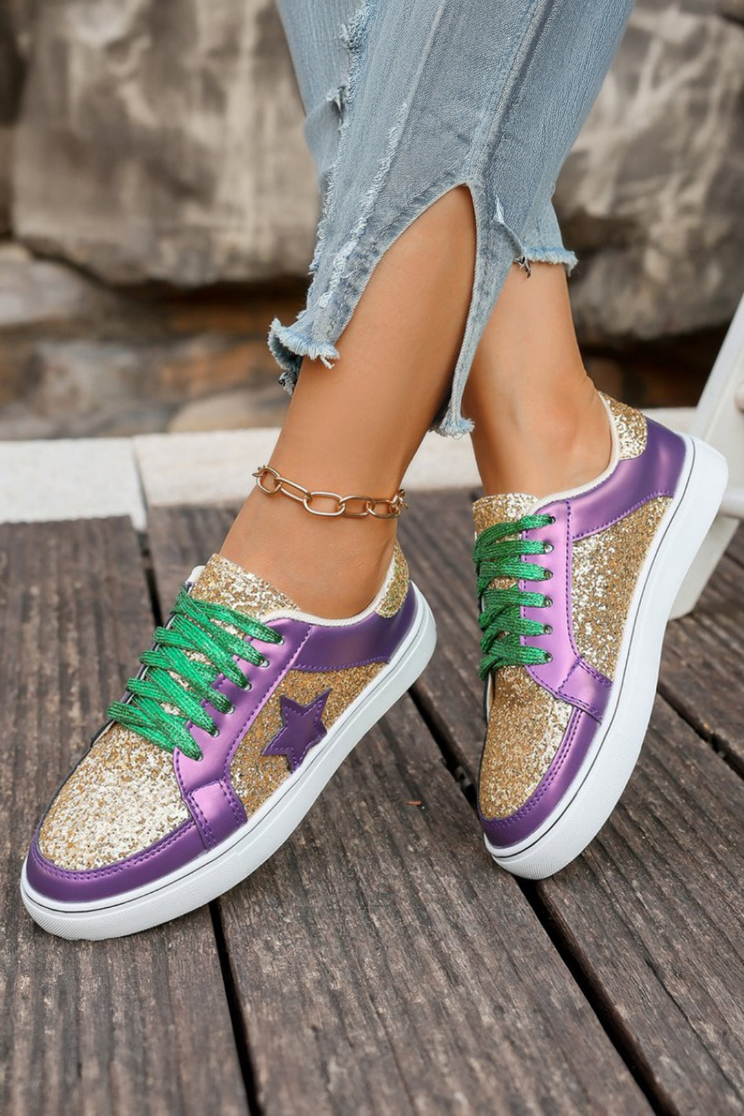 Dearlove Glitter Star Patchwork PU Leather Lace-up Sneakers