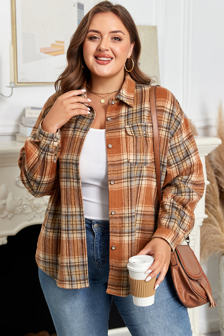 Brown Plaid Print Flap Pocket Plus Size Shacket