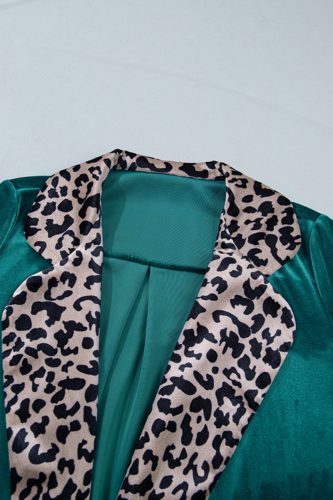 Skobeloff Velvet Contrast Leopard Print Lapel Collar Open Front Cardigan
