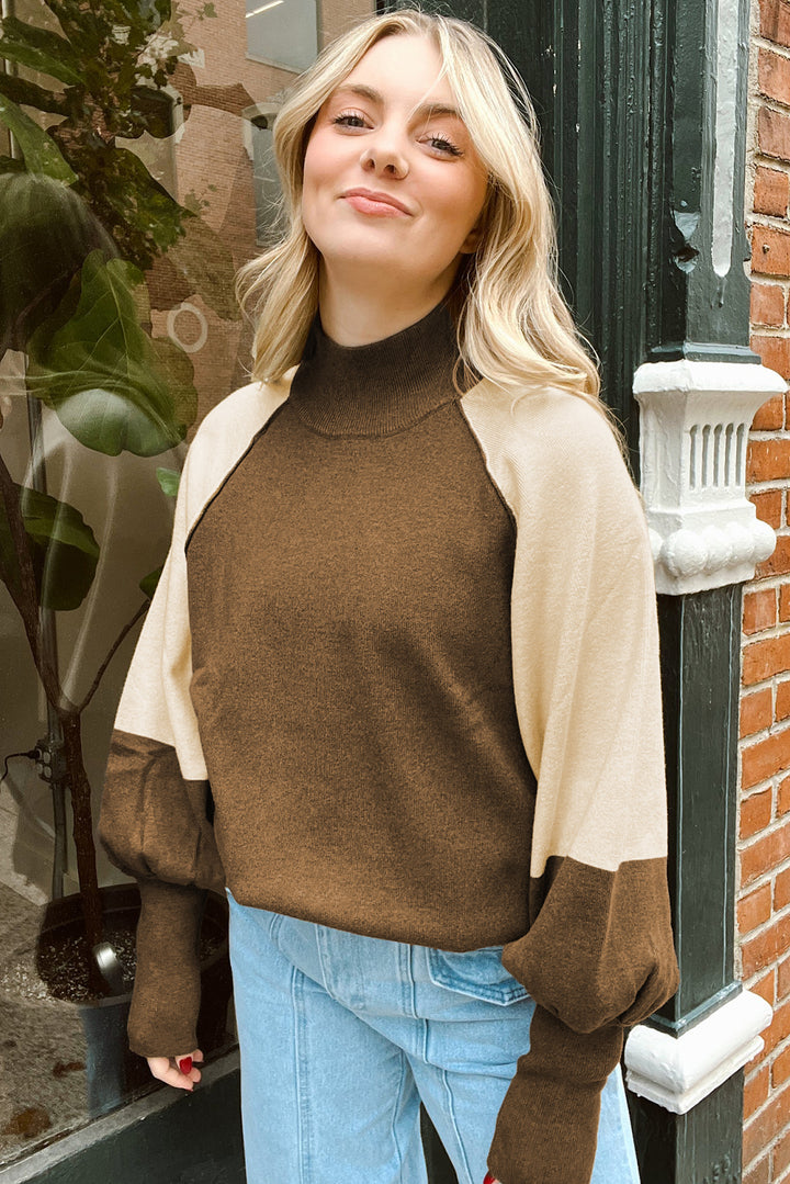 Colorblock Raglan Puff Sleeve Mock Neck Sweater