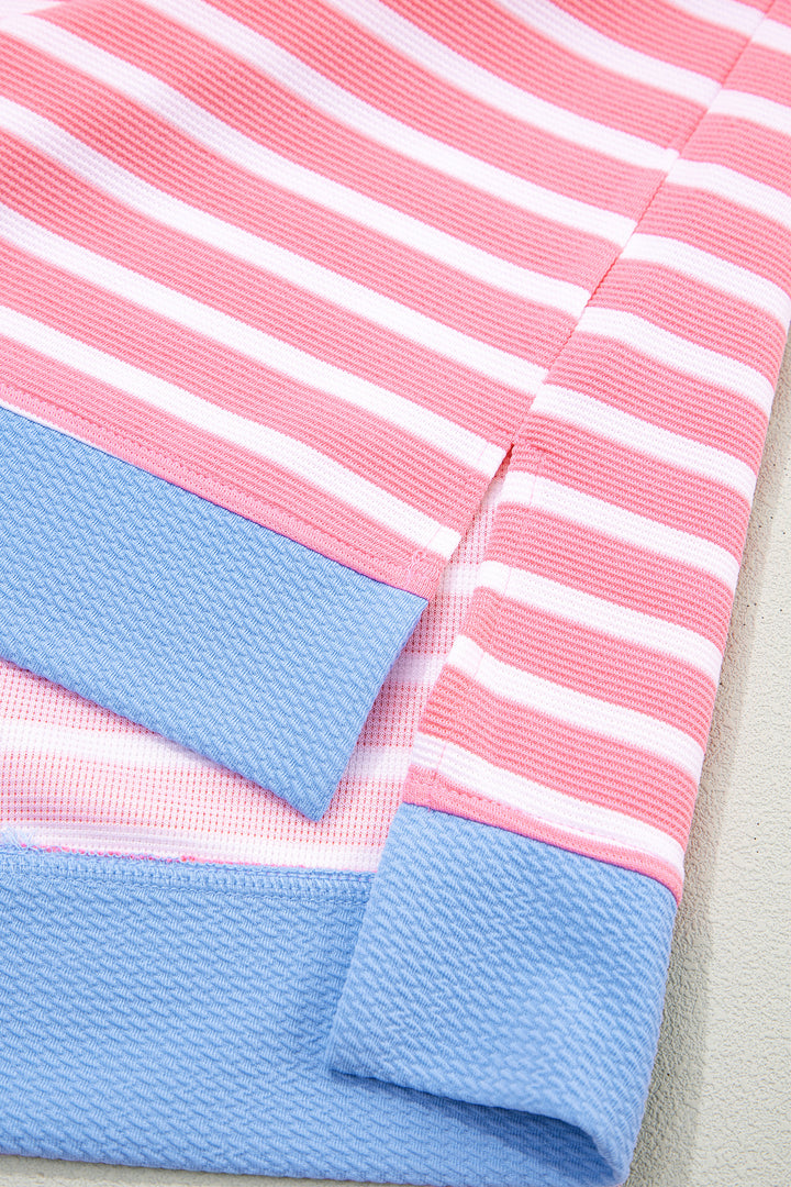 Pink Stripe Contrast Trim Loose Short Sleeve Top