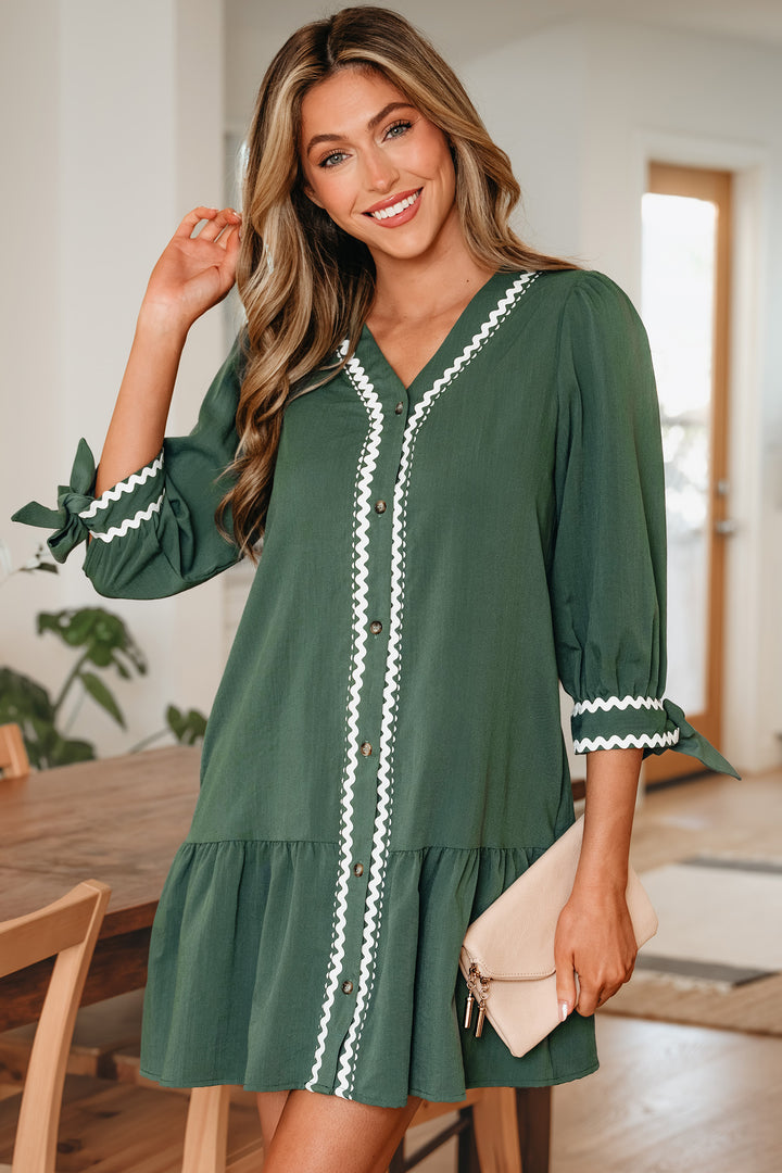 Contrast Ricrac Trim Button V Neck Knotted Bracelet Sleeve Shift Dress