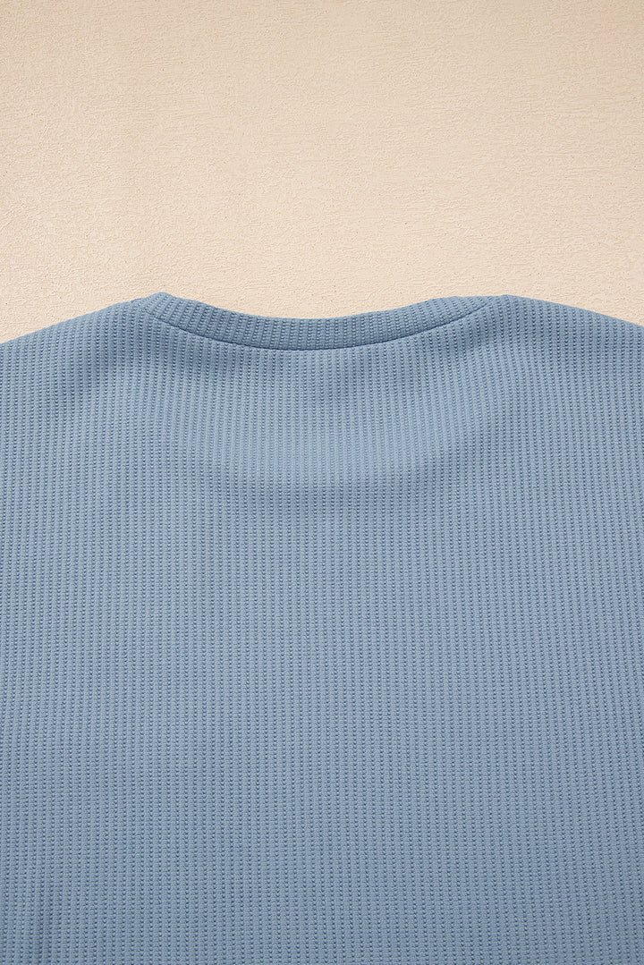 Dusk Blue Solid Color Ribbed Loose Long Sleeve Top Casual Pant Set