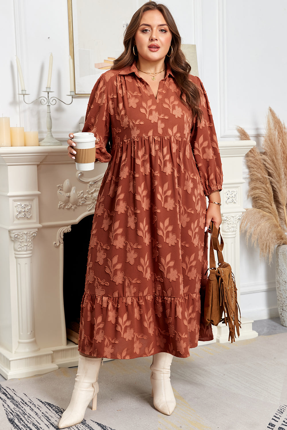 Cinnamon Plus Size Textured 3D Flower Pattern Ruffle Hem Long Dress