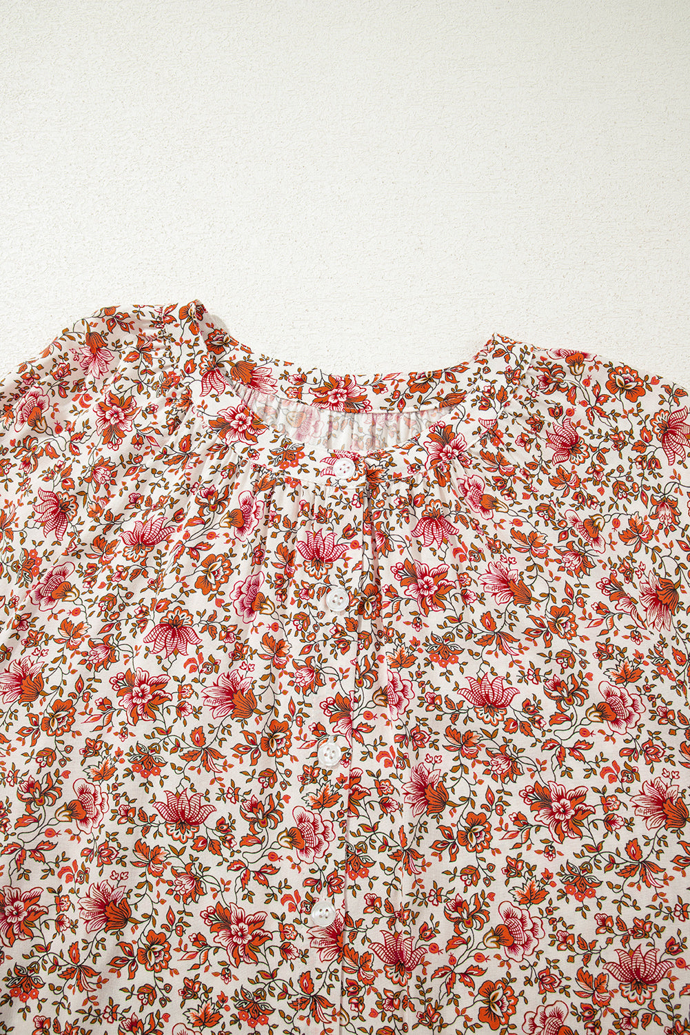 Floral Print Pleated Detail Notched Neck Puff Sleeve Blouse