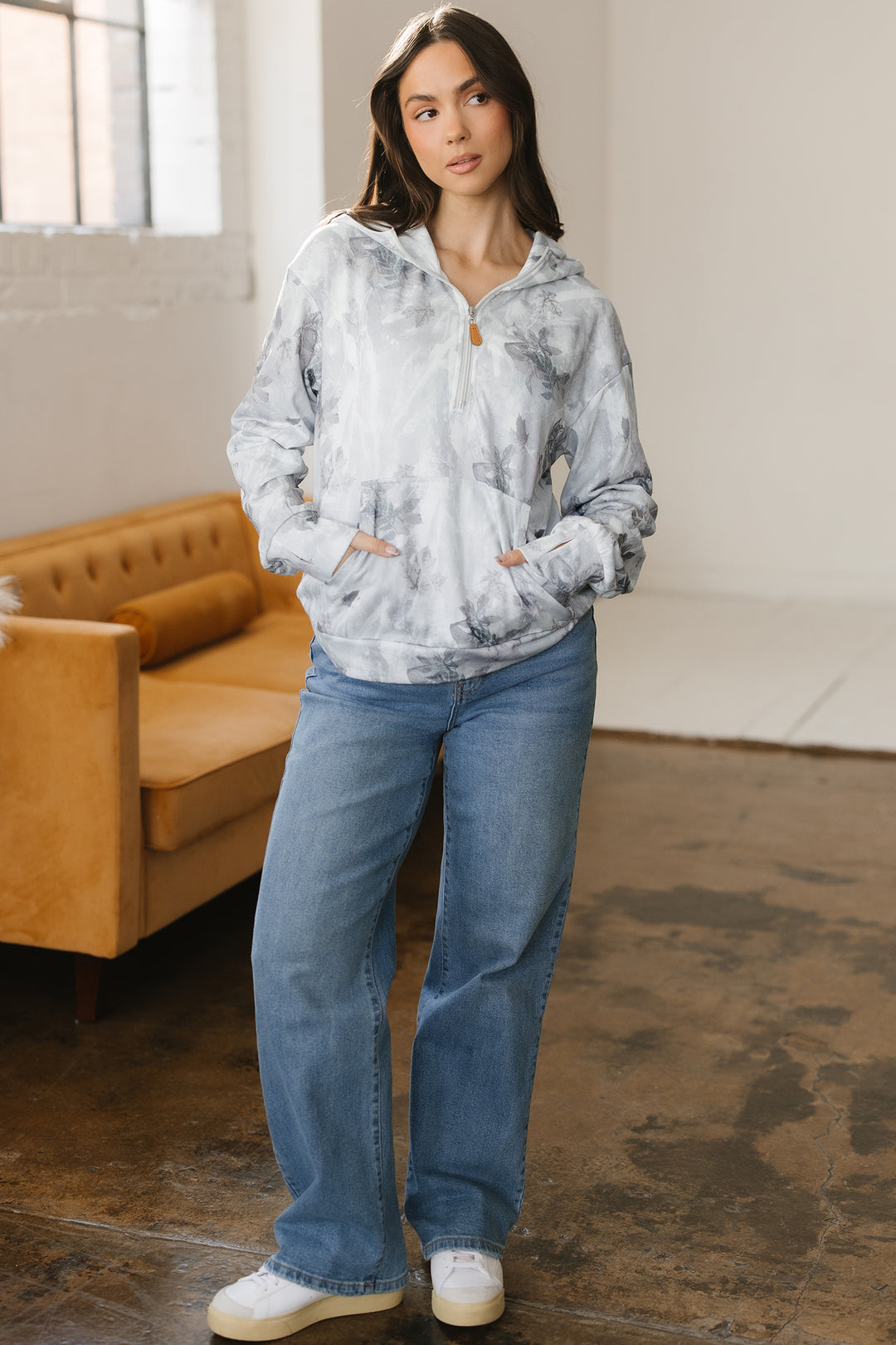 Camo Leaf Print Kangaroo Pocket Quarter Zip Hoodie