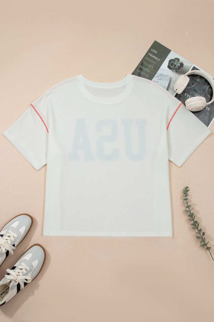White Plus Size Twisted Rib Vintage USA Letter Printed T Shirt