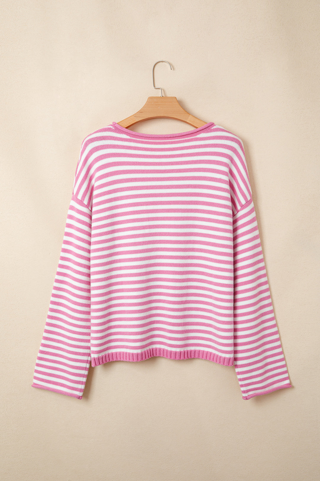 Pink Stripe Striped Button Placket Drop Shoulder Long Sleeve Sweater
