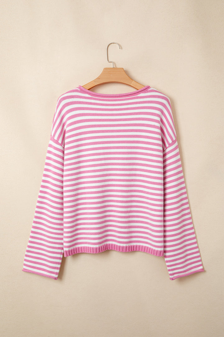 Pink Stripe Striped Button Placket Drop Shoulder Long Sleeve Sweater