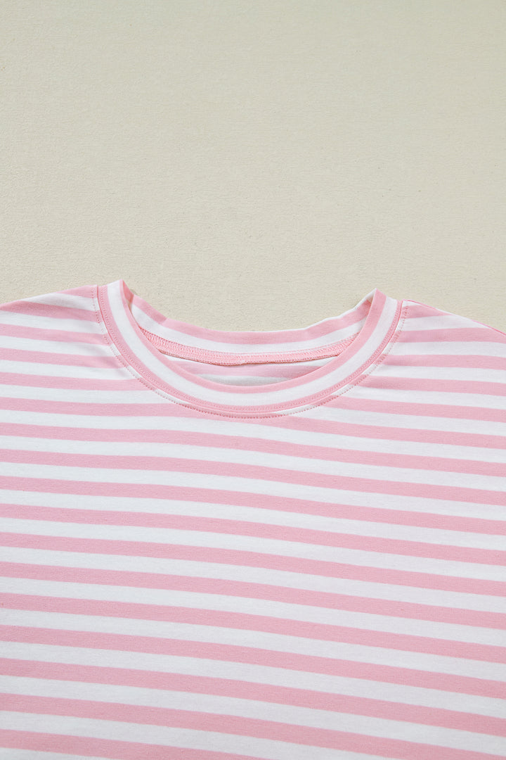 Pink Stripe Drop Shoulder Round Neck Top and Buttoned Straight Pants Two Piece Set