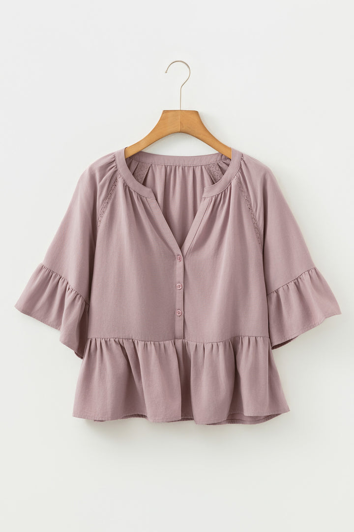 Slit V Neck Ruffled Loose Blouse