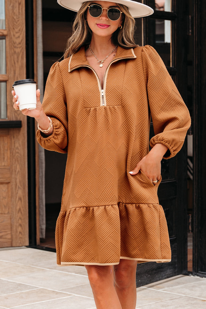 Quarter Zip Collar Bracelet Sleeve Textured Mini Dress