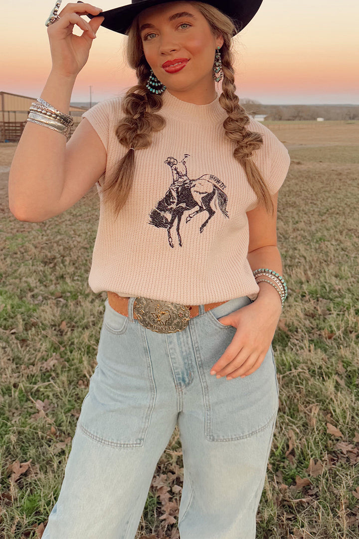 HOWDY Rodeo Cowboy Graphic High Neck Short Sleeve Sweater