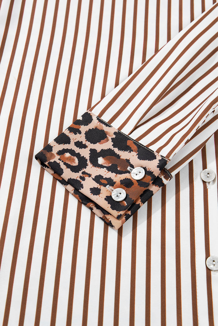 Contrast Leopard Patchwork Long Shirt Dress with Slits