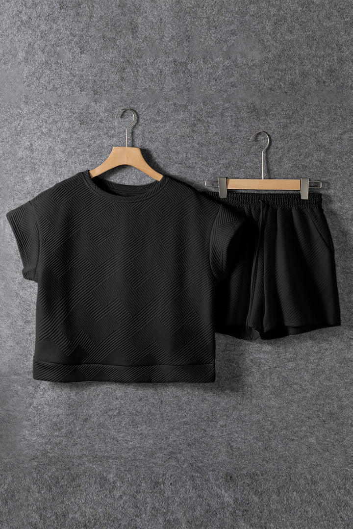 Black Textured Short Sleeve Top and Shorts Set