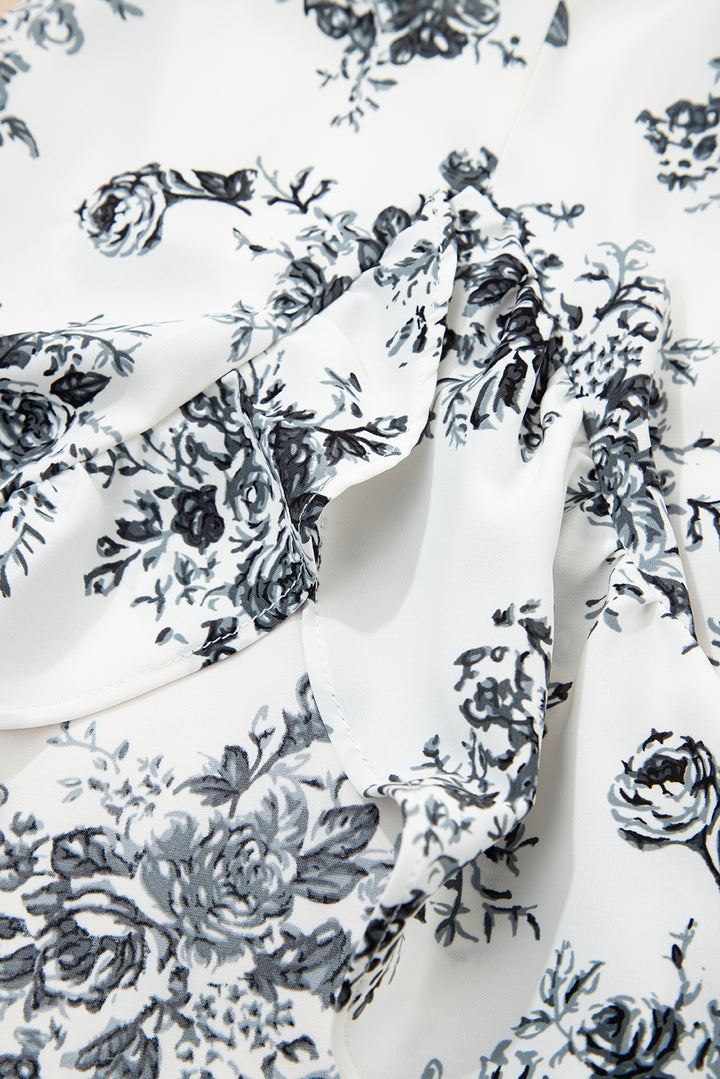 White Black Boho Floral High Waist Ruffle Split Maxi Skirt