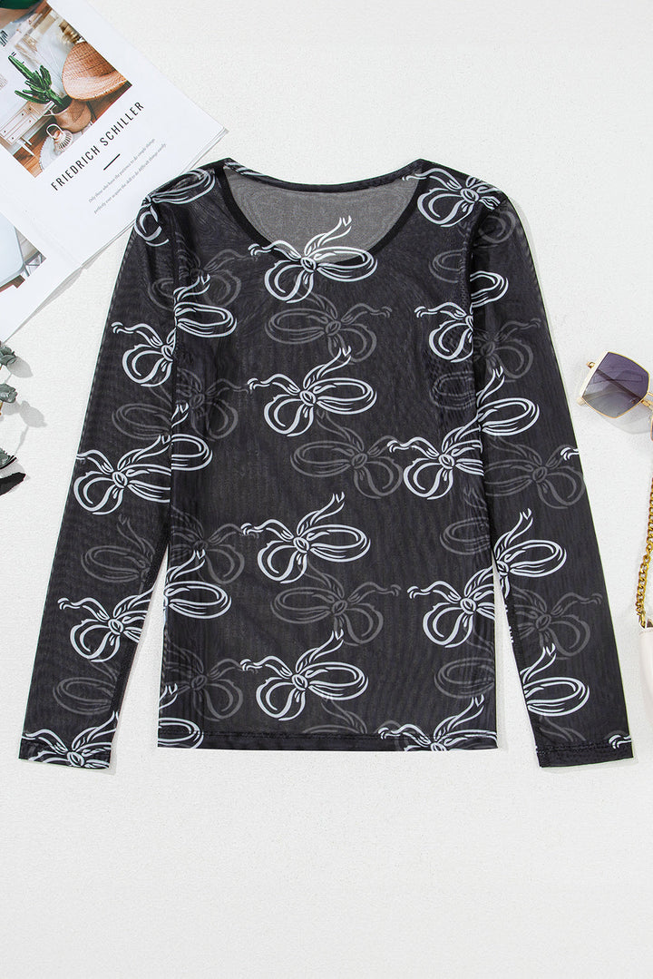 Round Neck Bow Print Long Sleeve Mesh Top