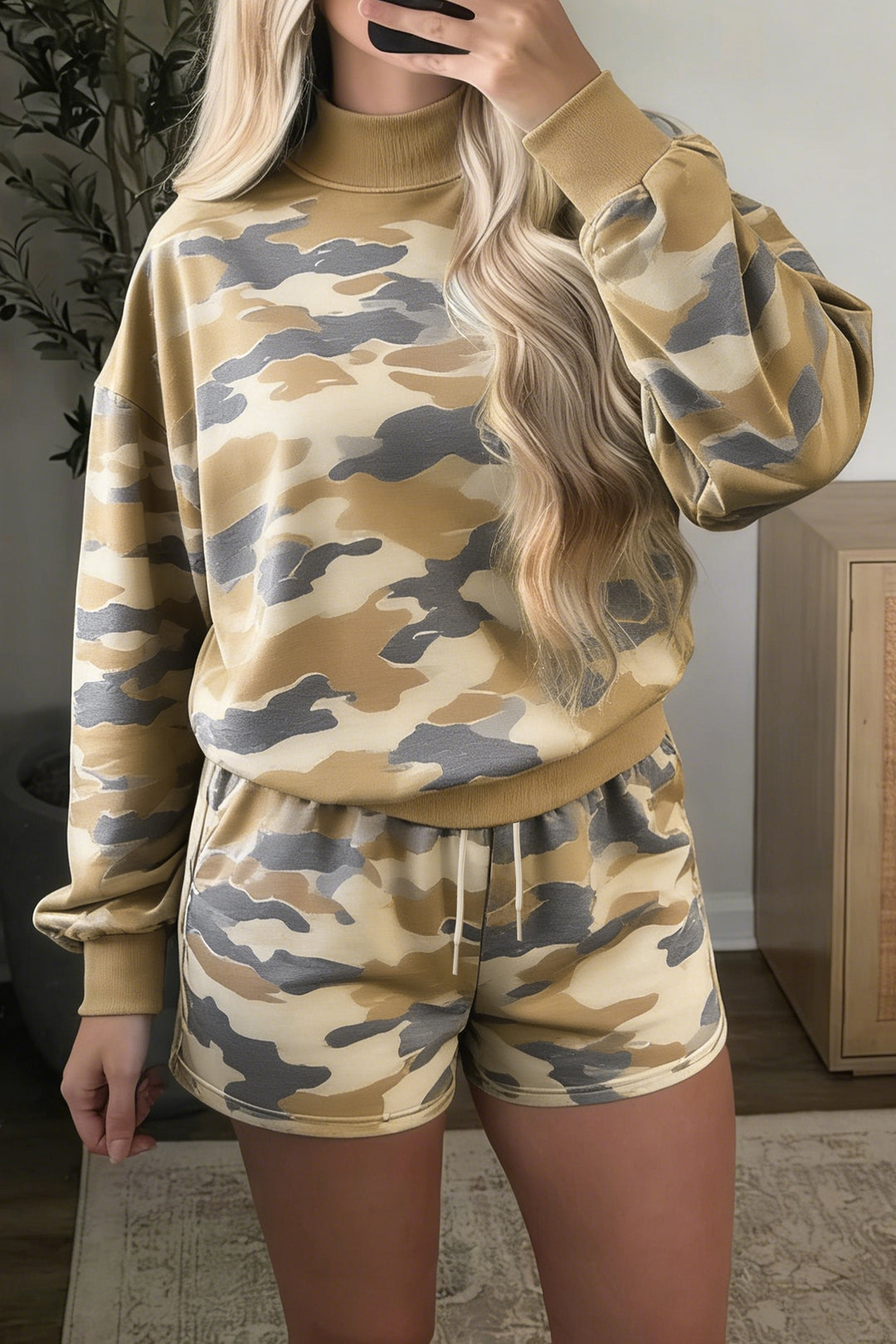 Multicolour Camouflage Print Long Sleeve Top Drawstring Shorts Set