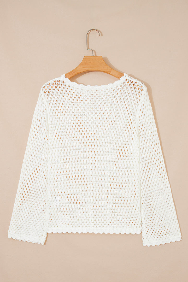 White Scalloped Trim Hollow Out Knit Long Sleeve Top