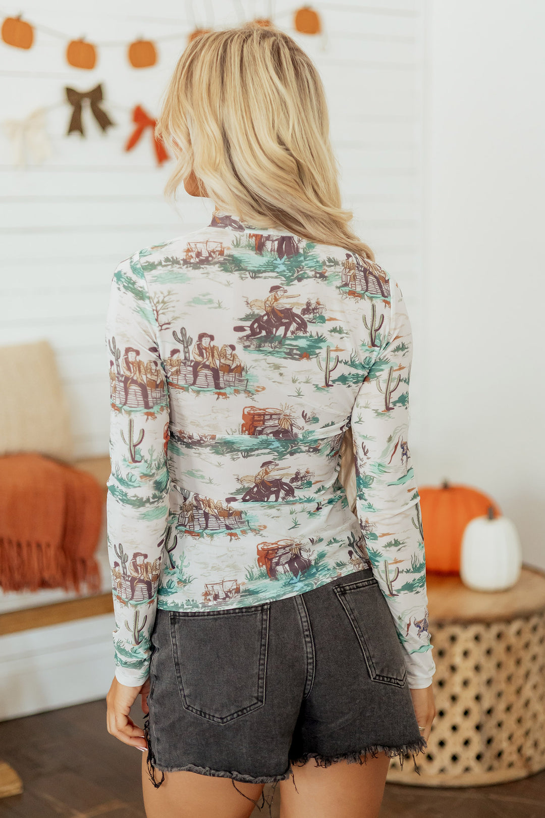 Green Western Print Long Sleeve Round Neck Slim Top