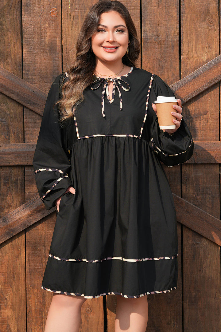 Black Plus Size Leopard Contrasted Trim Tie Neck Flared Mini Dress