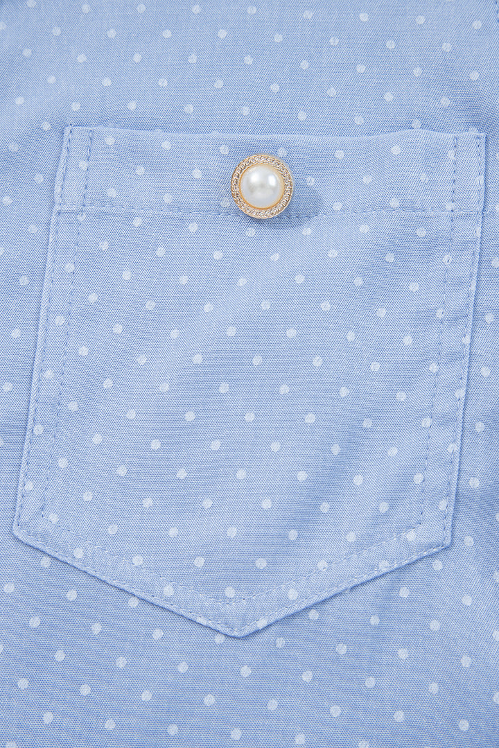 Beau Blue Lace Trim Patchwork Dotted Print Collared Denim Blouse