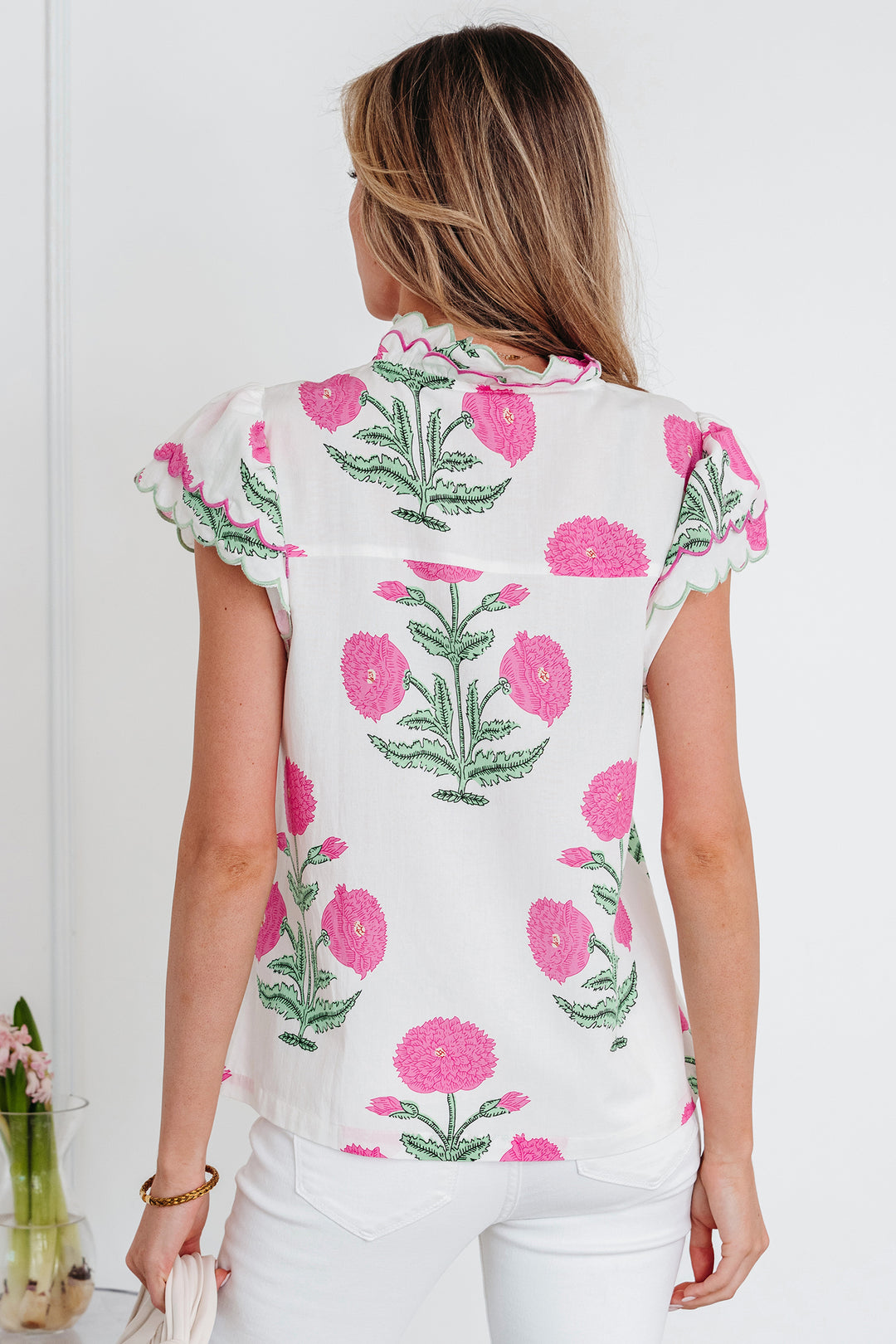 Wild Flower Print Contrast Trim Scallop Detail Short Sleeve Blouse