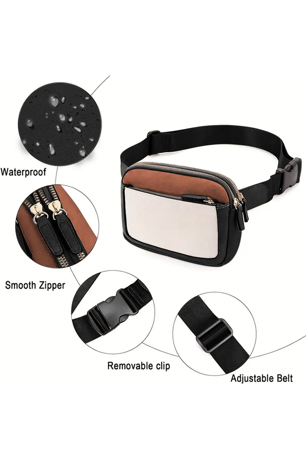 Leather Colorblock Zipped Removable Clip Crossbody Bag