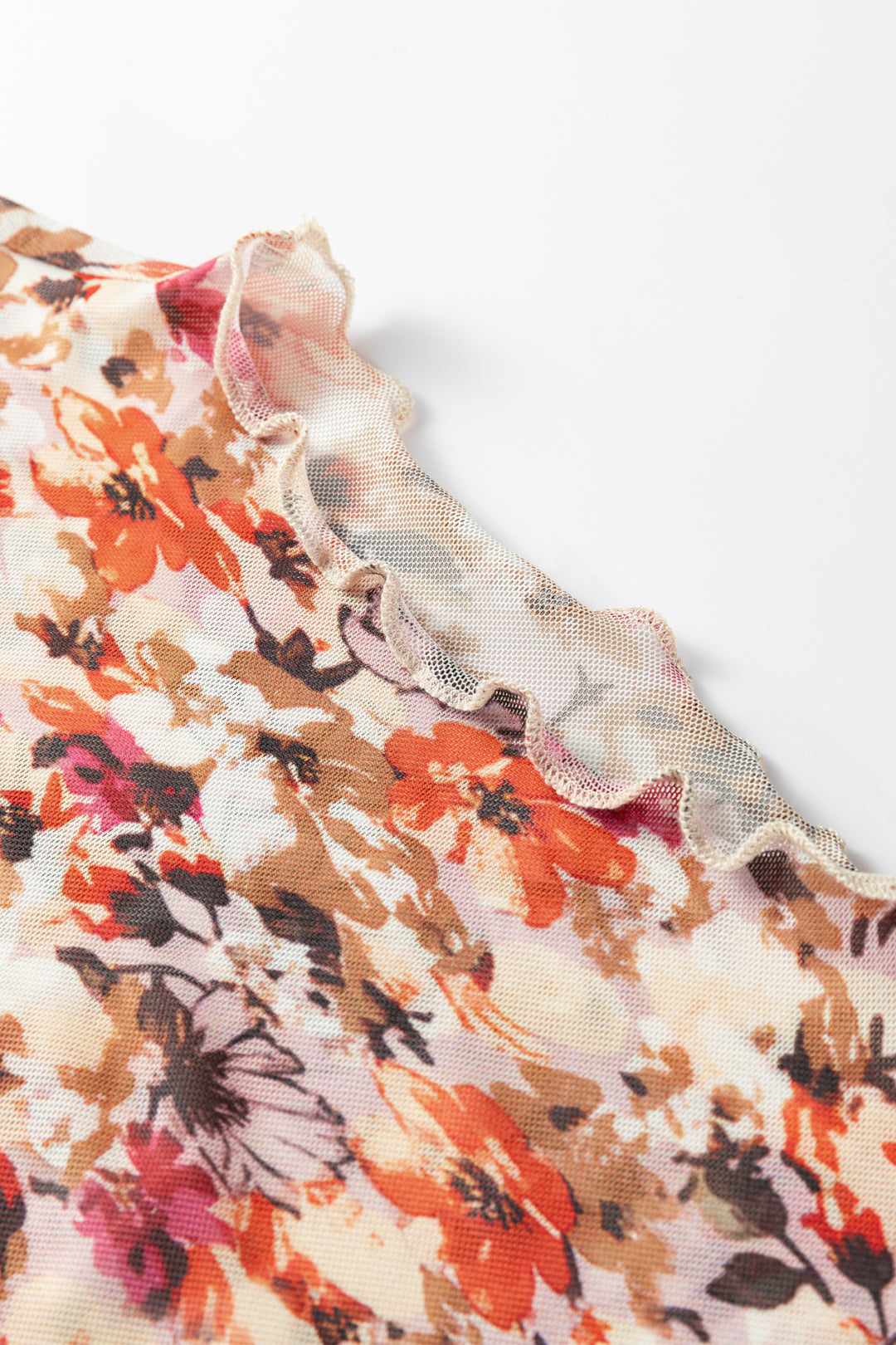 Lettuce Trim Floral Print Mesh Long Sleeve Top