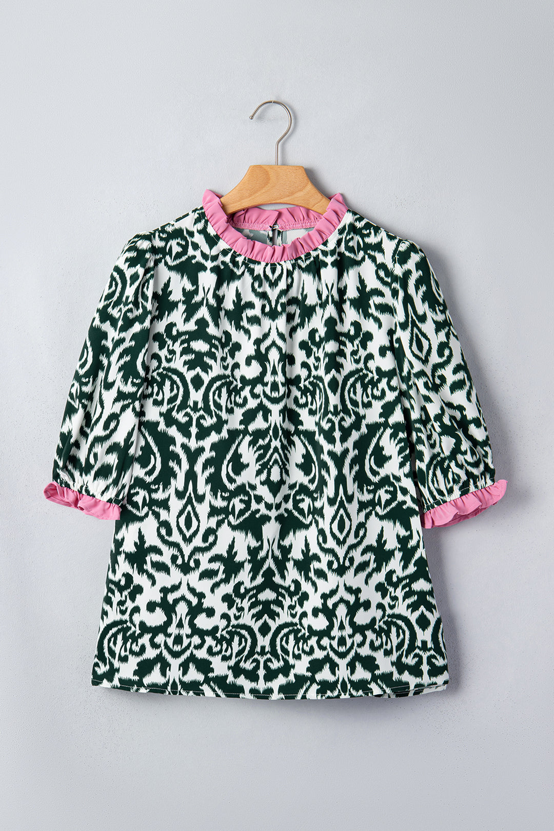 Green Damask Print Ruffled Color Block Detail Half Sleeve Blouse