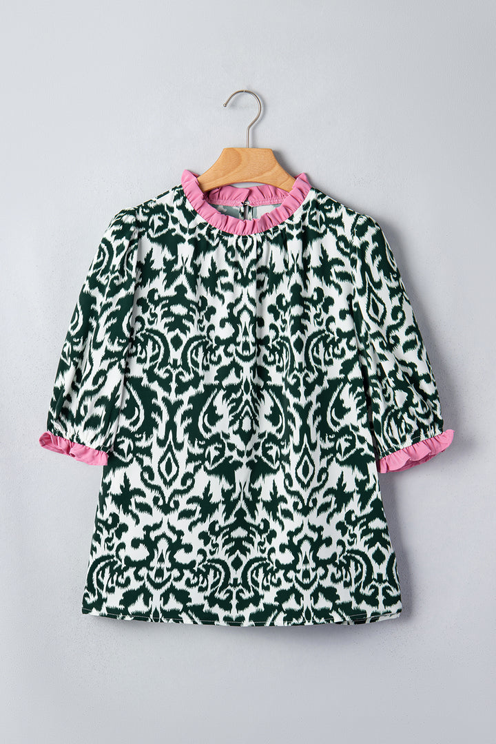 Green Damask Print Ruffled Color Block Detail Half Sleeve Blouse