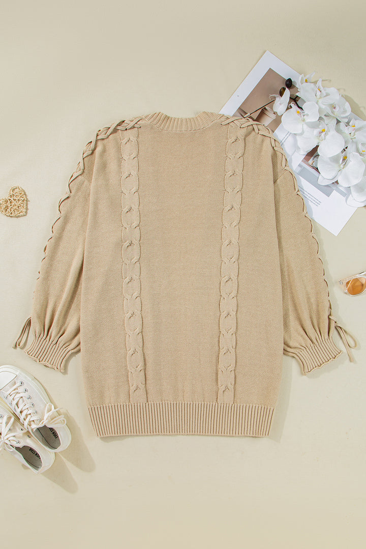 Parchment Cable Knit Braided Tie Sleeve Plus Size Open Cardigan