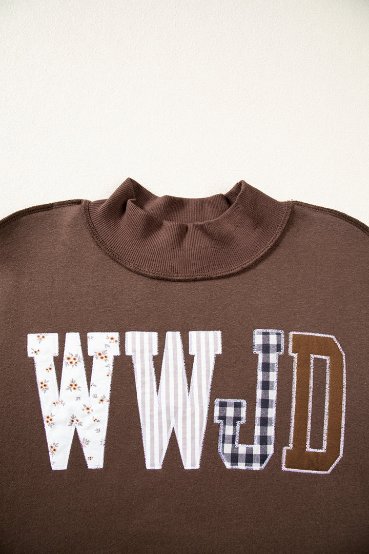 Coffee WWJD Mixed Pattern Embroidered Patch Graphic Mock Neck Sweatshirt