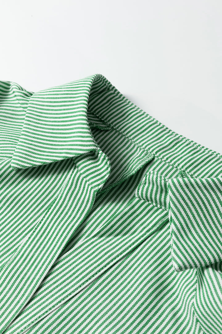 Mint Green Striped Print Collared Split Neck Half Sleeve Blouse