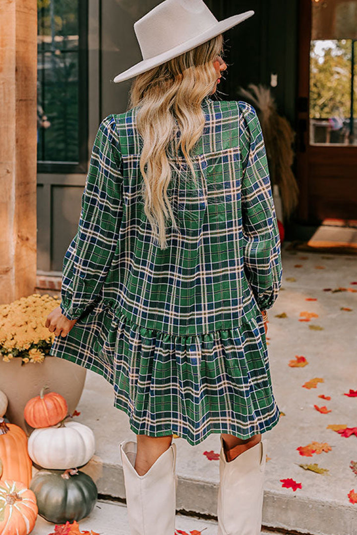 Plaid Print Frilly Collar Long Sleeve Shift Mini Dress