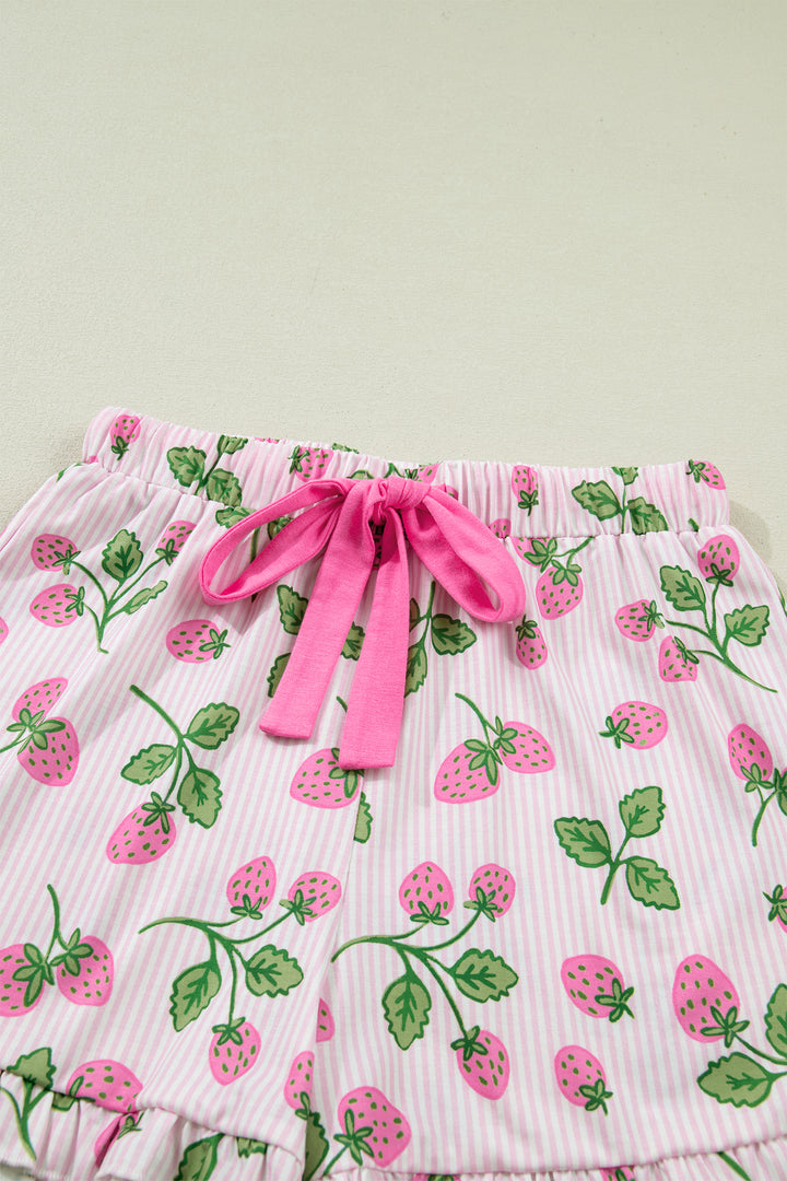 Pink Striped Strawberry Print Lapel Shirt Drawstring Shorts 2pcs Pajama Set