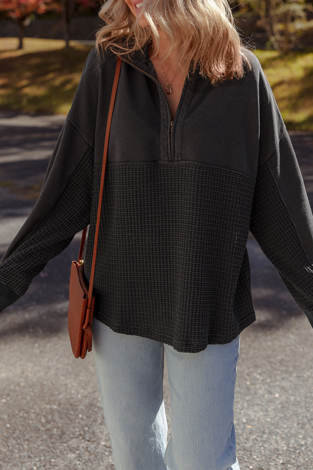 Waffle Knit Patchwork Half Zipped Casual Sweatshirt