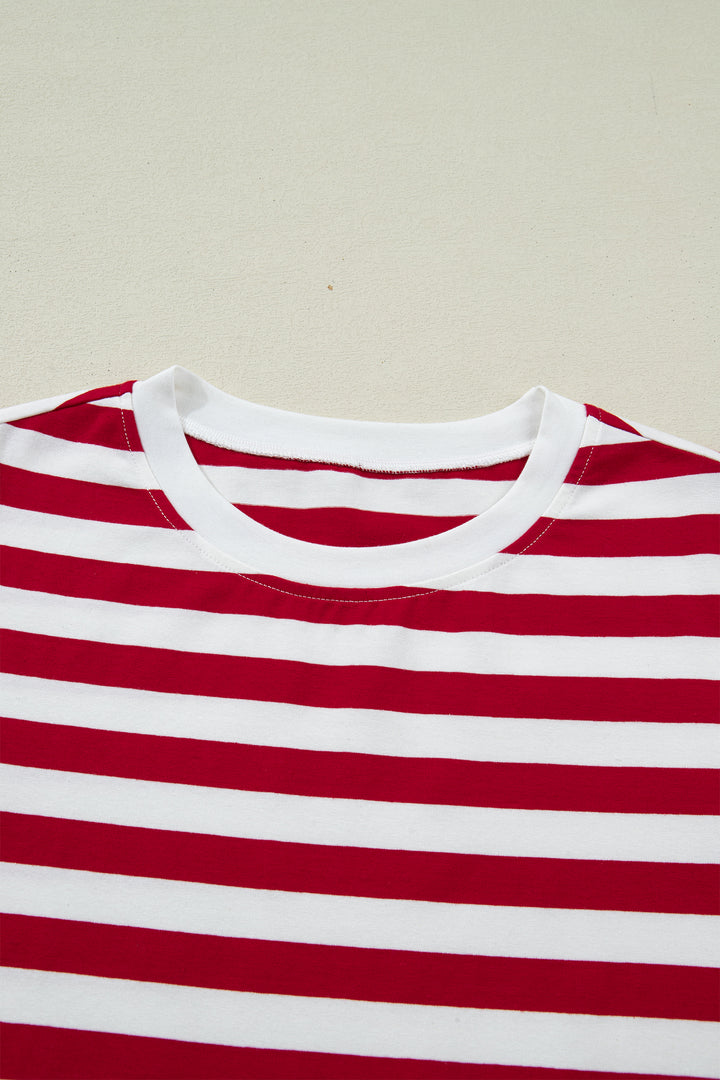 Red Stripe Patchwork Round Neck Short Sleeve T Shirt