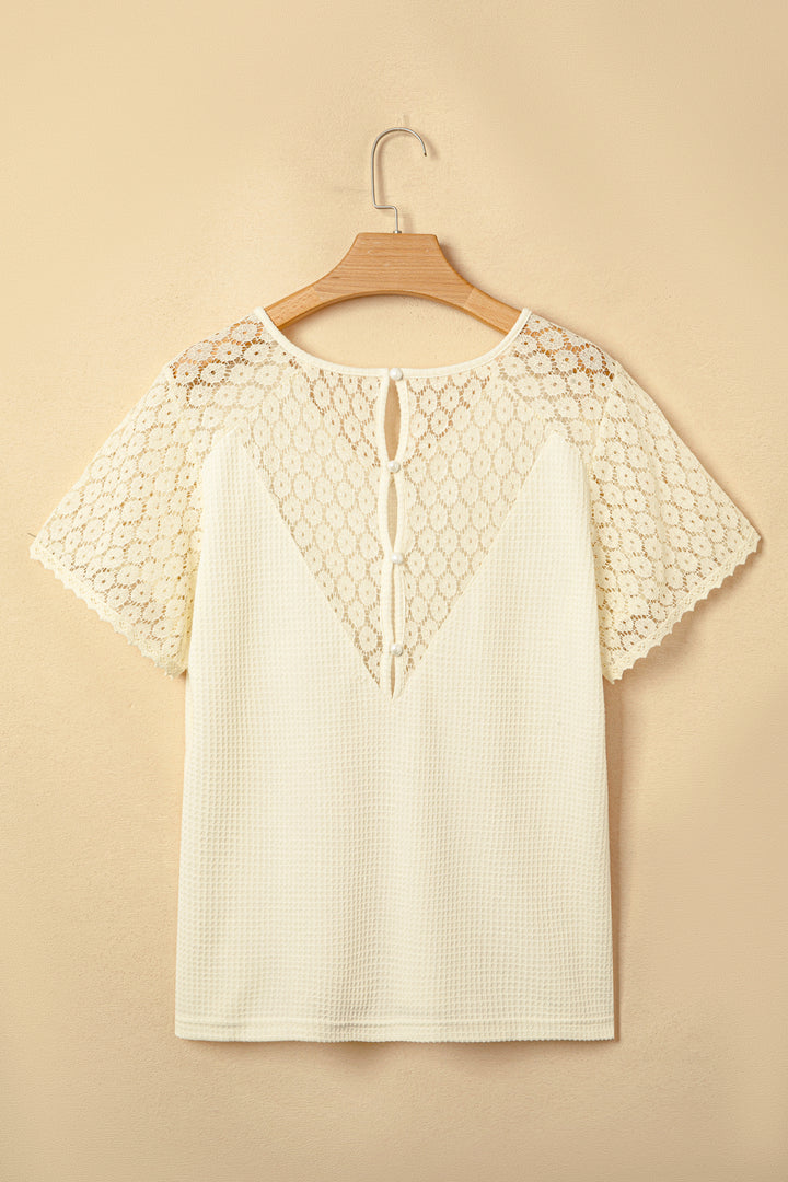 Beige Lace Splicing Button Cutout V Neck Waffle Knit Blouse