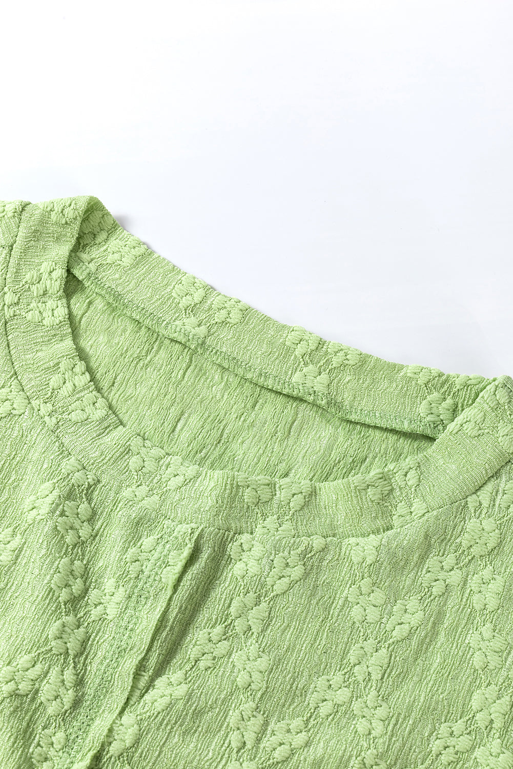 Light Green Solid Color Textured Side Split Crew Neck Top