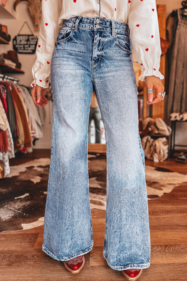 Fashion Beau Blue Acid Wash Pocket Detail Flare Jeans