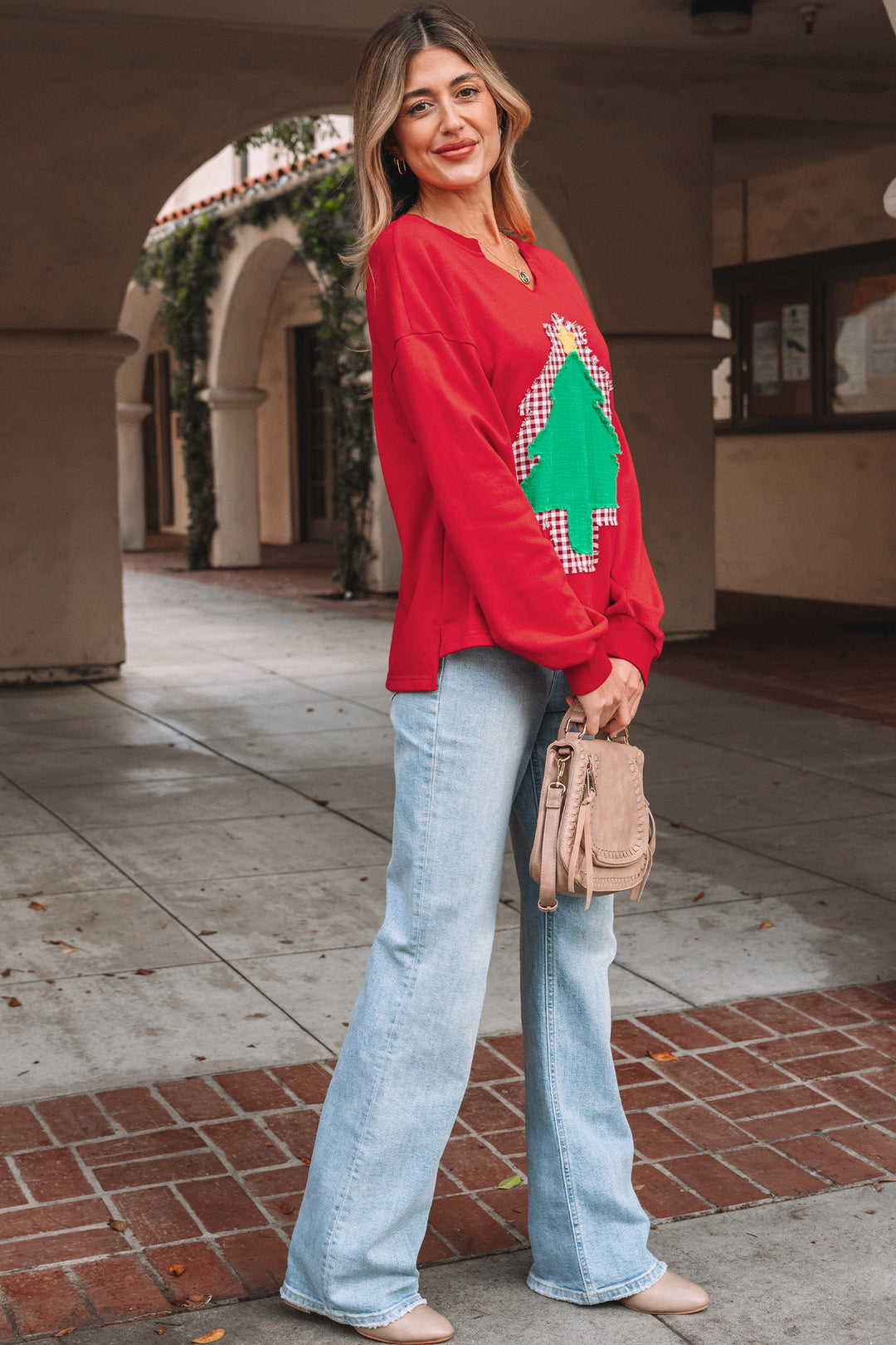 Plaid Frayed Double Christmas Tree Patched Drop Shoulder Sweatshirt