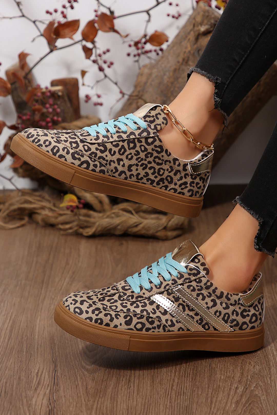 Coffee Faux Suede Leopard Print Sleek PU Leather Detail Lace Up Sneakers
