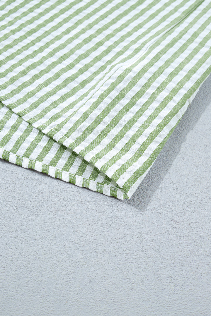 Green Stripe Shirt Collar Half Sleeve Blouse