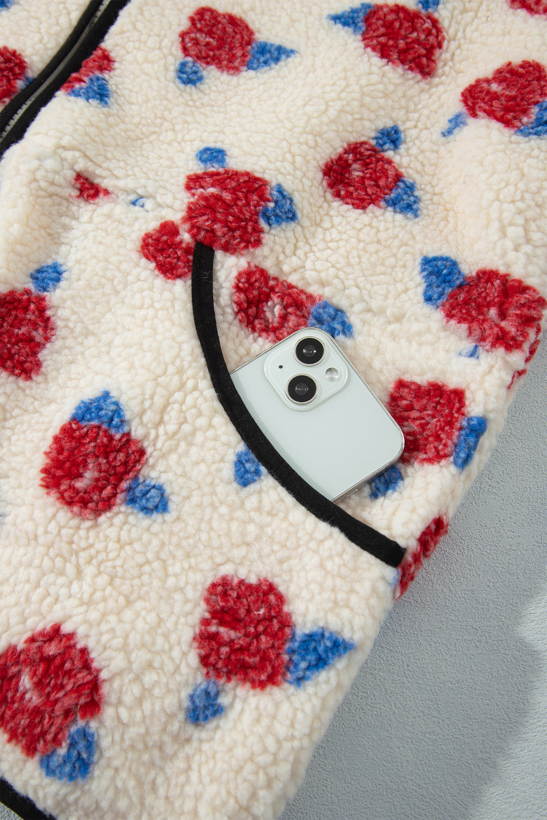 White Floral Print Zipper Stand Neck Outerwear Fleece Coat