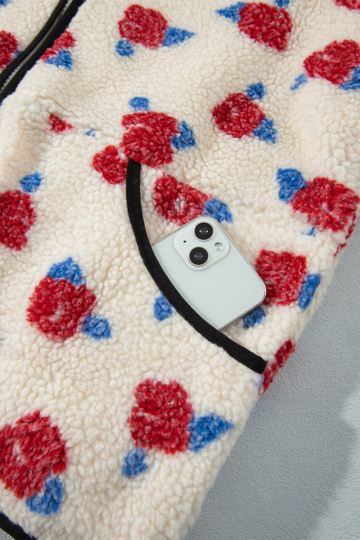 White Floral Print Zipper Stand Neck Outerwear Fleece Coat