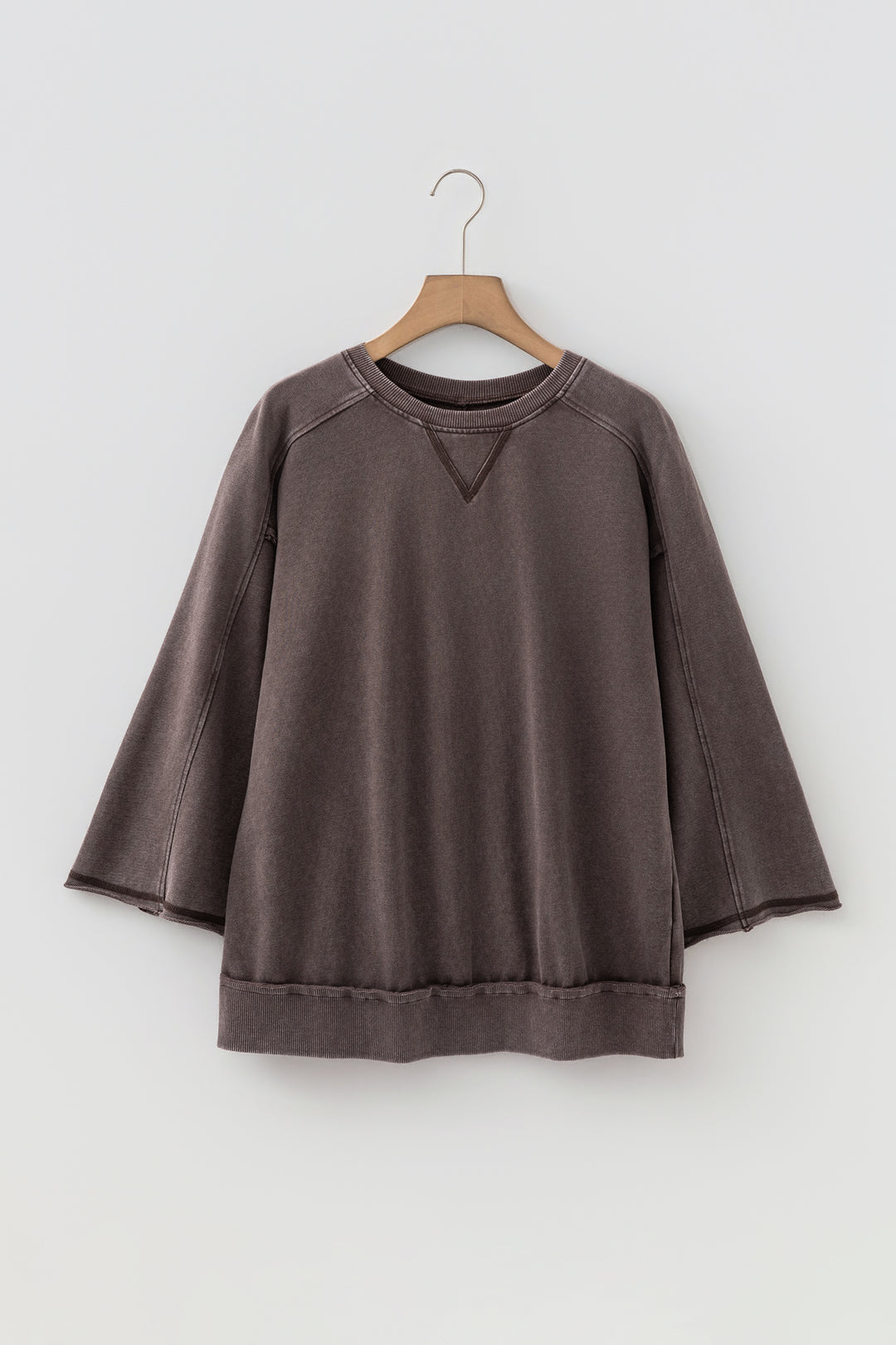 Dark Brown 3/4 Sleeve Mineral Wash Loose Cotton Top