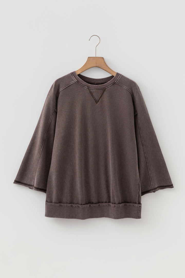 Dark Brown 3/4 Sleeve Mineral Wash Loose Cotton Top